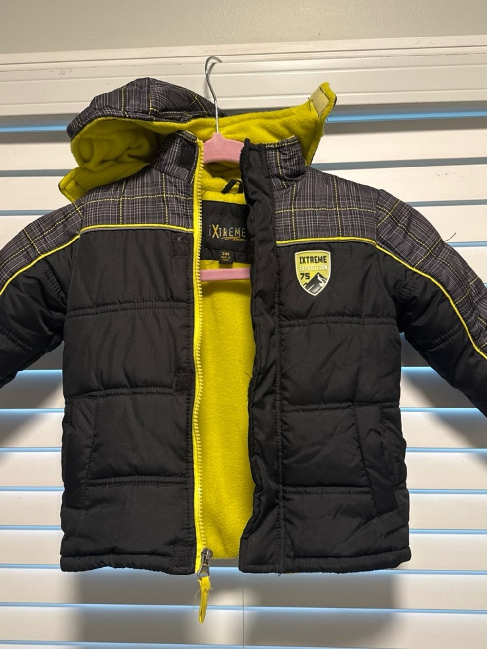 Kids Black Hooded Puffer Jacket with Lime Lining
